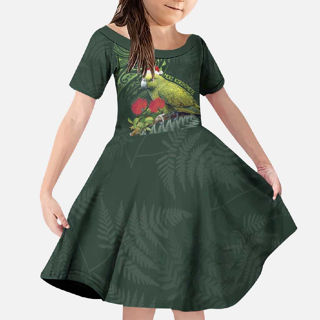 Meri Kirihimete Kakapo Family Matching Off Shoulder Maxi Dress and Hawaiian Shirt Green Silver Fern Christmas Vibe LT9 Daughter's Dress Green - Polynesian Pride