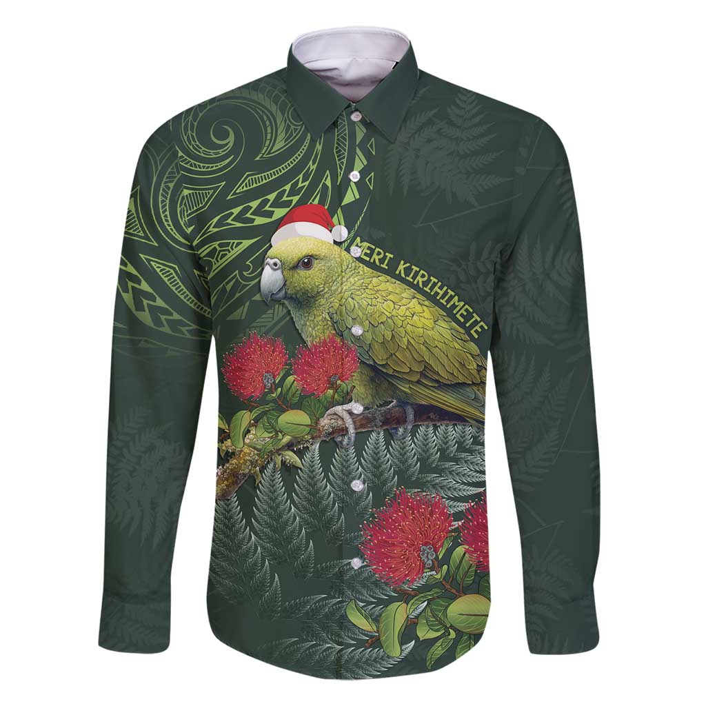 Meri Kirihimete Kakapo Family Matching Off Shoulder Short Dress and Hawaiian Shirt Green Silver Fern Christmas Vibe LT9 Dad's Shirt - Long Sleeve Green - Polynesian Pride