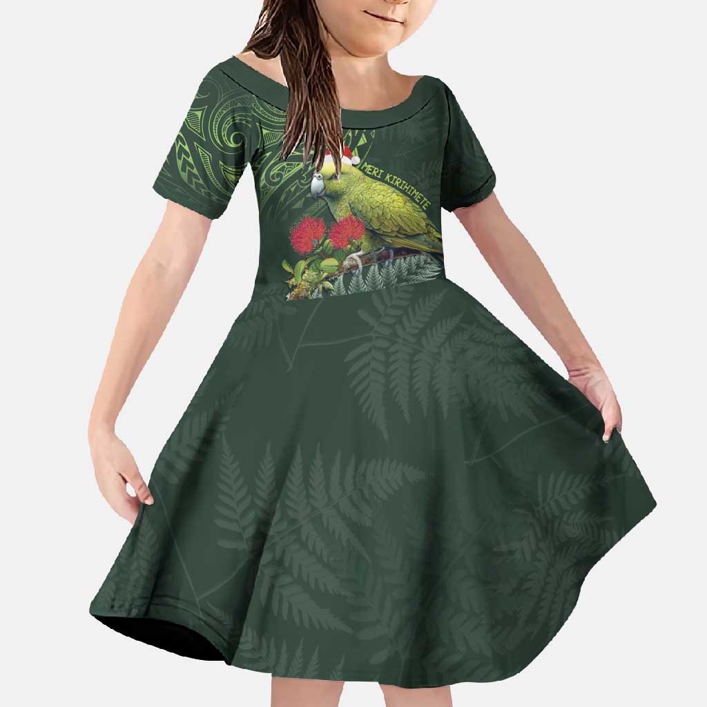 Meri Kirihimete Kakapo Family Matching Short Sleeve Bodycon Dress and Hawaiian Shirt Green Silver Fern Christmas Vibe LT9 Daughter's Dress Green - Polynesian Pride