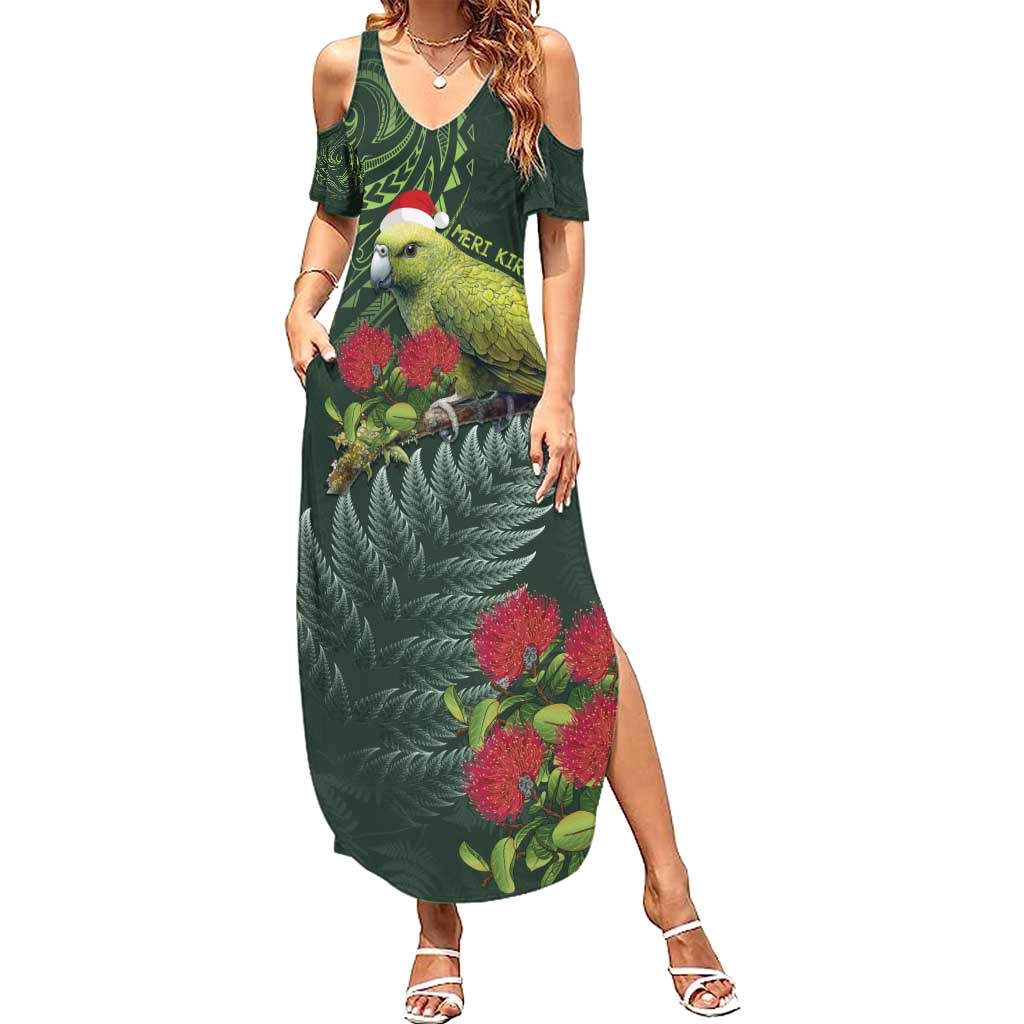 Meri Kirihimete Kakapo Family Matching Summer Maxi Dress and Hawaiian Shirt Green Silver Fern Christmas Vibe LT9 Mom's Dress Green - Polynesian Pride