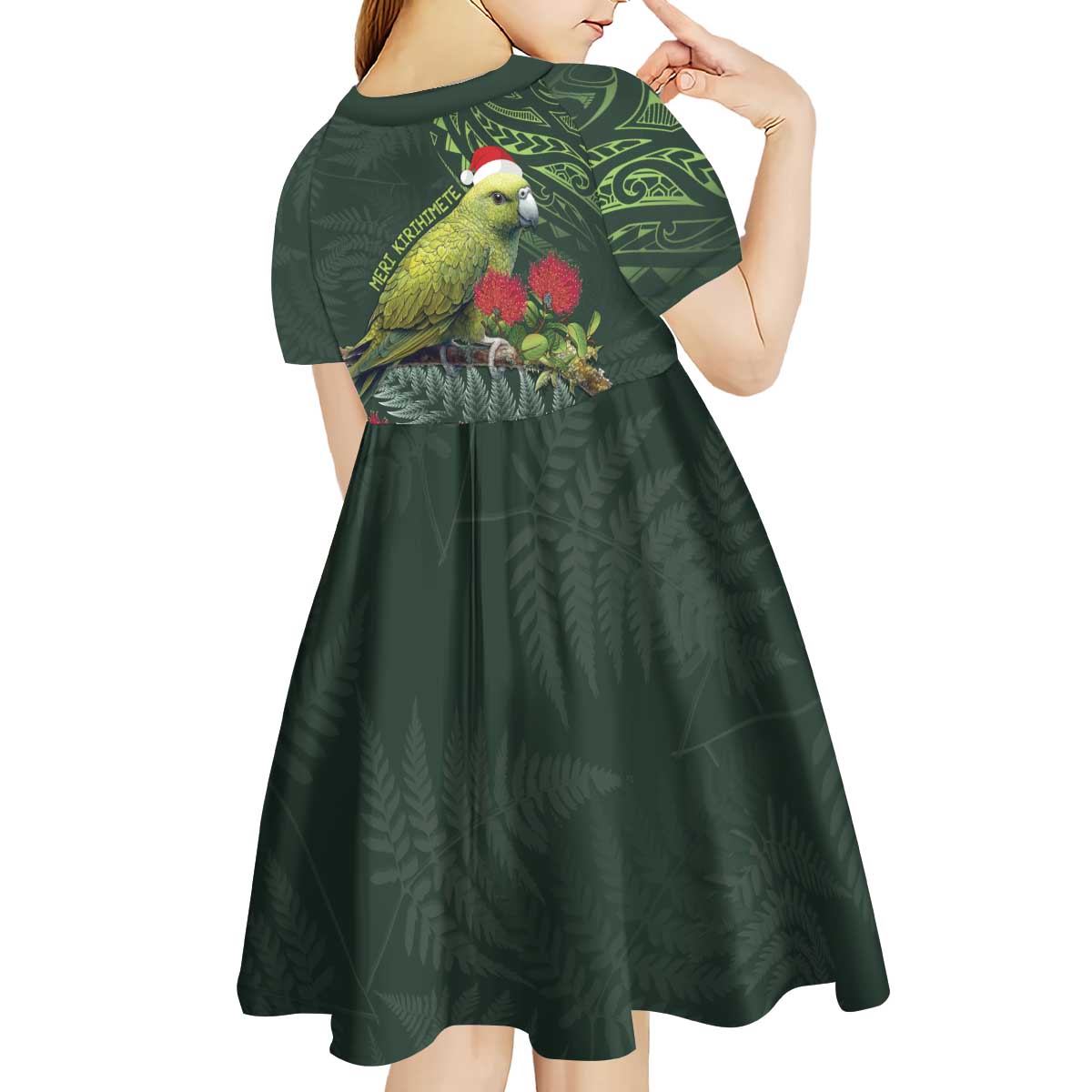 Meri Kirihimete Kakapo Kid Short Sleeve Dress Green Silver Fern Christmas Vibe LT9 - Polynesian Pride