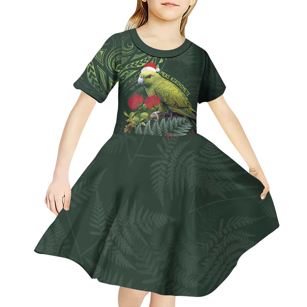 Meri Kirihimete Kakapo Kid Short Sleeve Dress Green Silver Fern Christmas Vibe LT9 - Polynesian Pride
