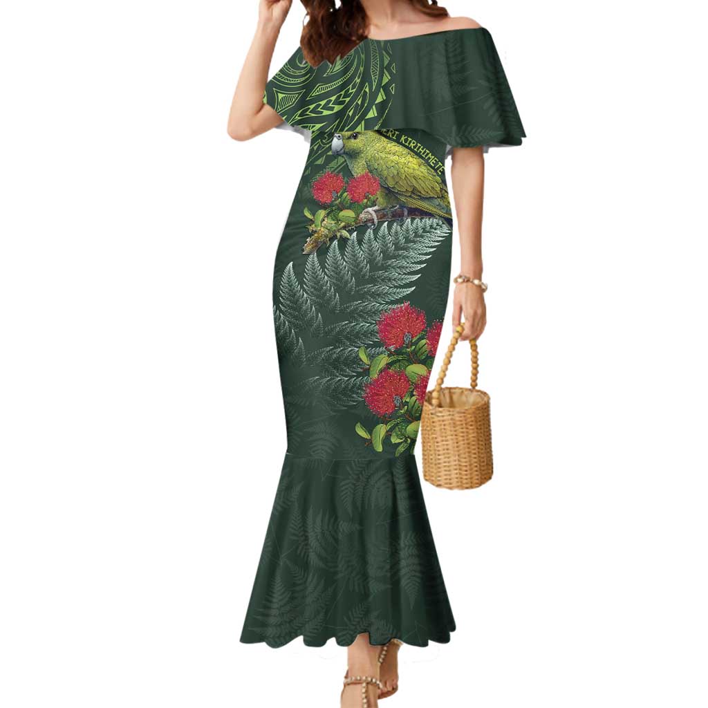 Meri Kirihimete Kakapo Mermaid Dress Green Silver Fern Christmas Vibe LT9 Women Green - Polynesian Pride