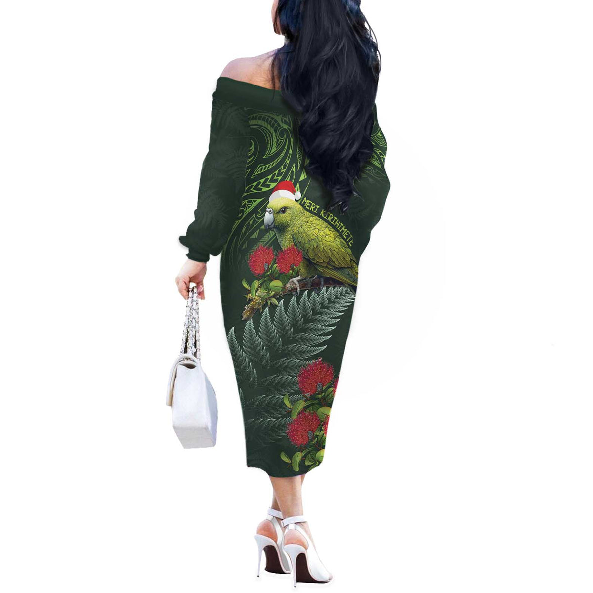 Meri Kirihimete Kakapo Off The Shoulder Long Sleeve Dress Green Silver Fern Christmas Vibe LT9 - Polynesian Pride