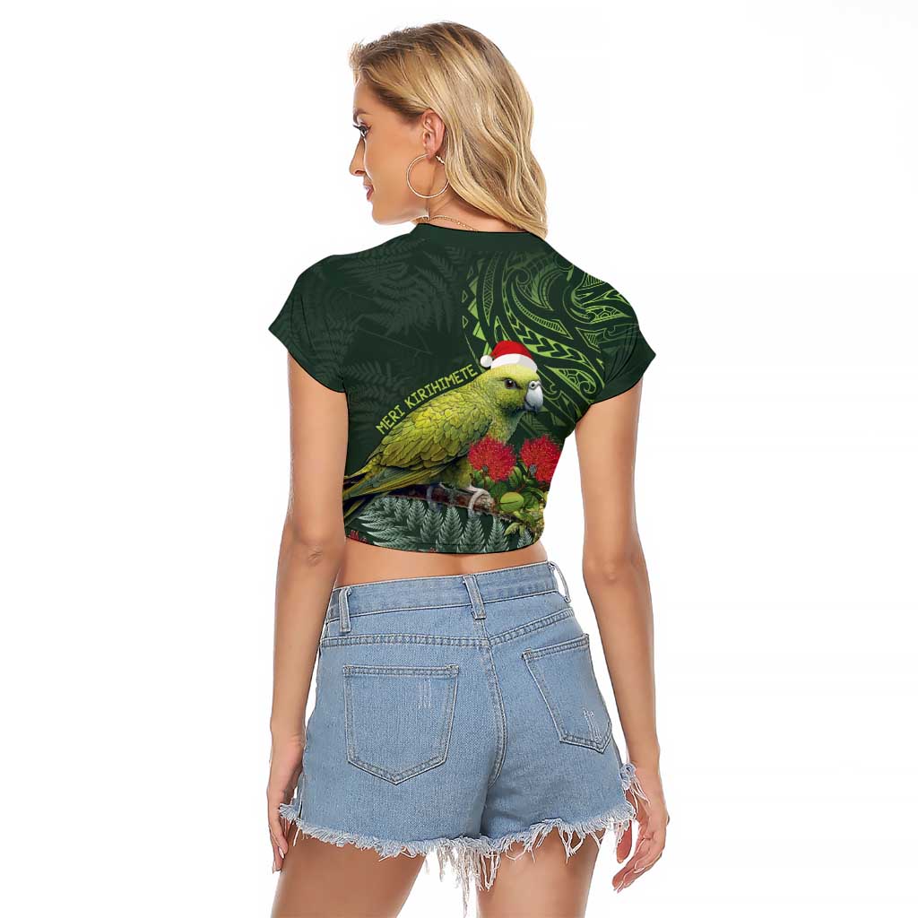 Meri Kirihimete Kakapo Raglan Cropped T Shirt Green Silver Fern Christmas Vibe LT9 - Polynesian Pride