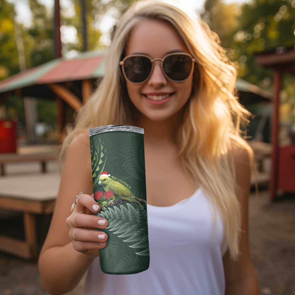 Meri Kirihimete Kakapo Skinny Tumbler Green Silver Fern Christmas Vibe LT9 - Polynesian Pride