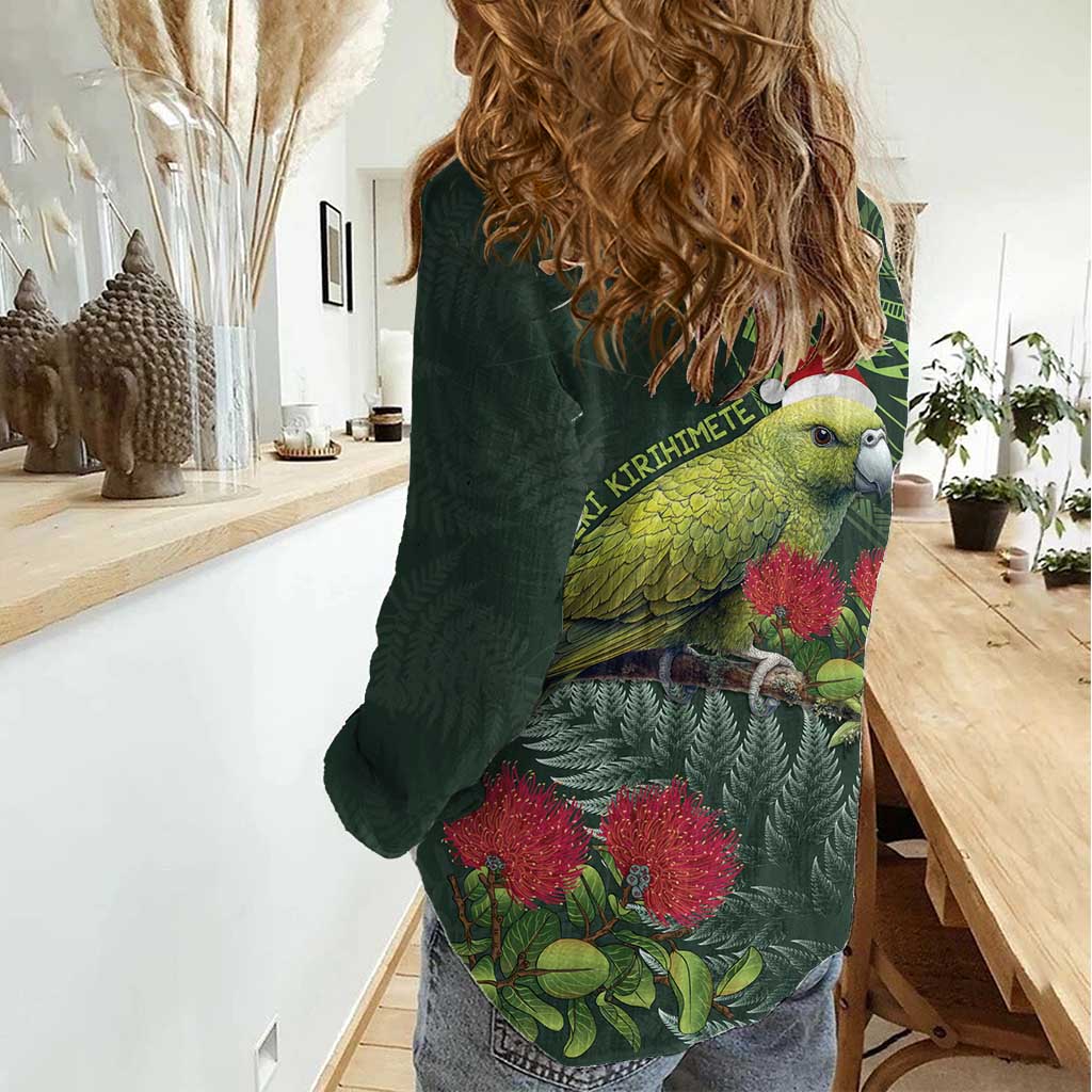 Meri Kirihimete Kakapo Women Casual Shirt Green Silver Fern Christmas Vibe LT9 - Polynesian Pride