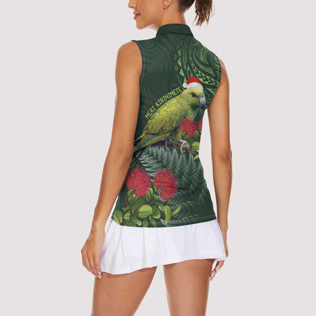 Meri Kirihimete Kakapo Women Sleeveless Polo Shirt Green Silver Fern Christmas Vibe LT9 - Polynesian Pride