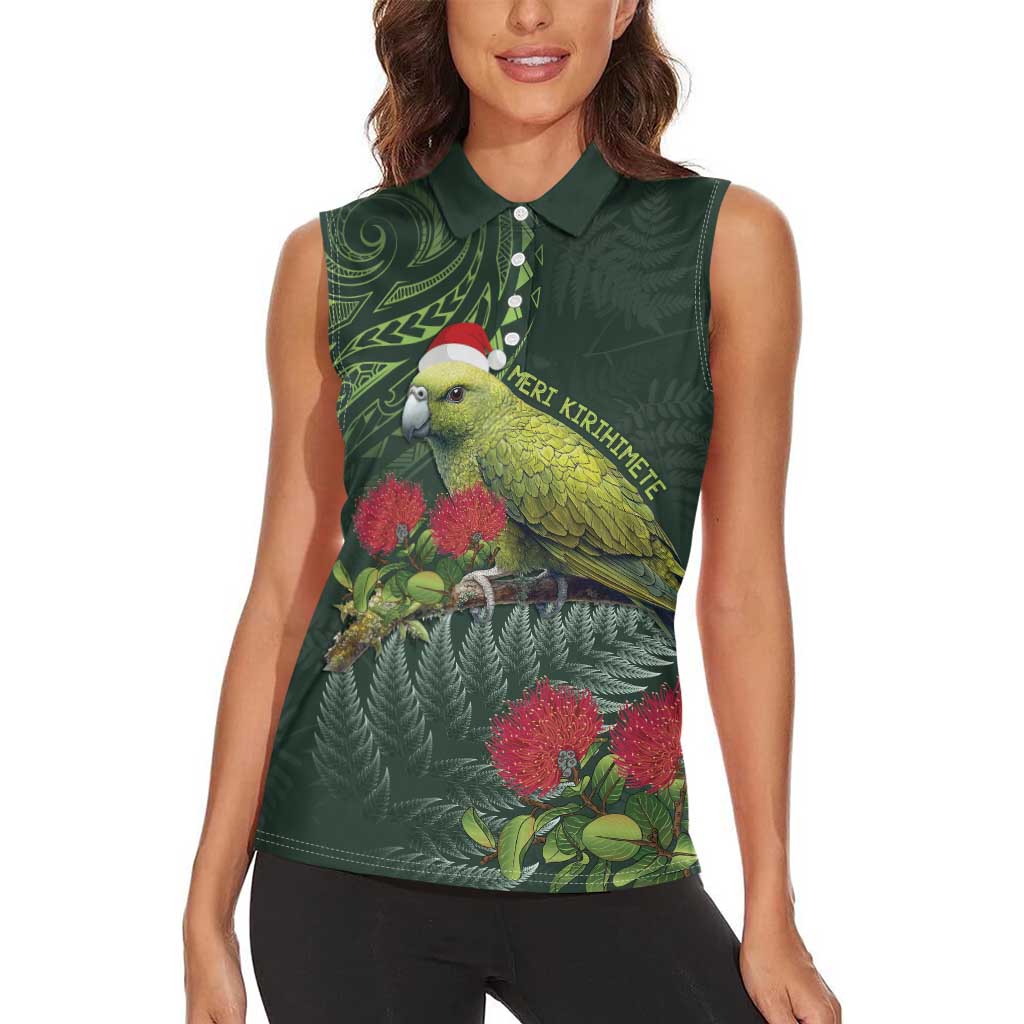 Meri Kirihimete Kakapo Women Sleeveless Polo Shirt Green Silver Fern Christmas Vibe LT9 - Polynesian Pride