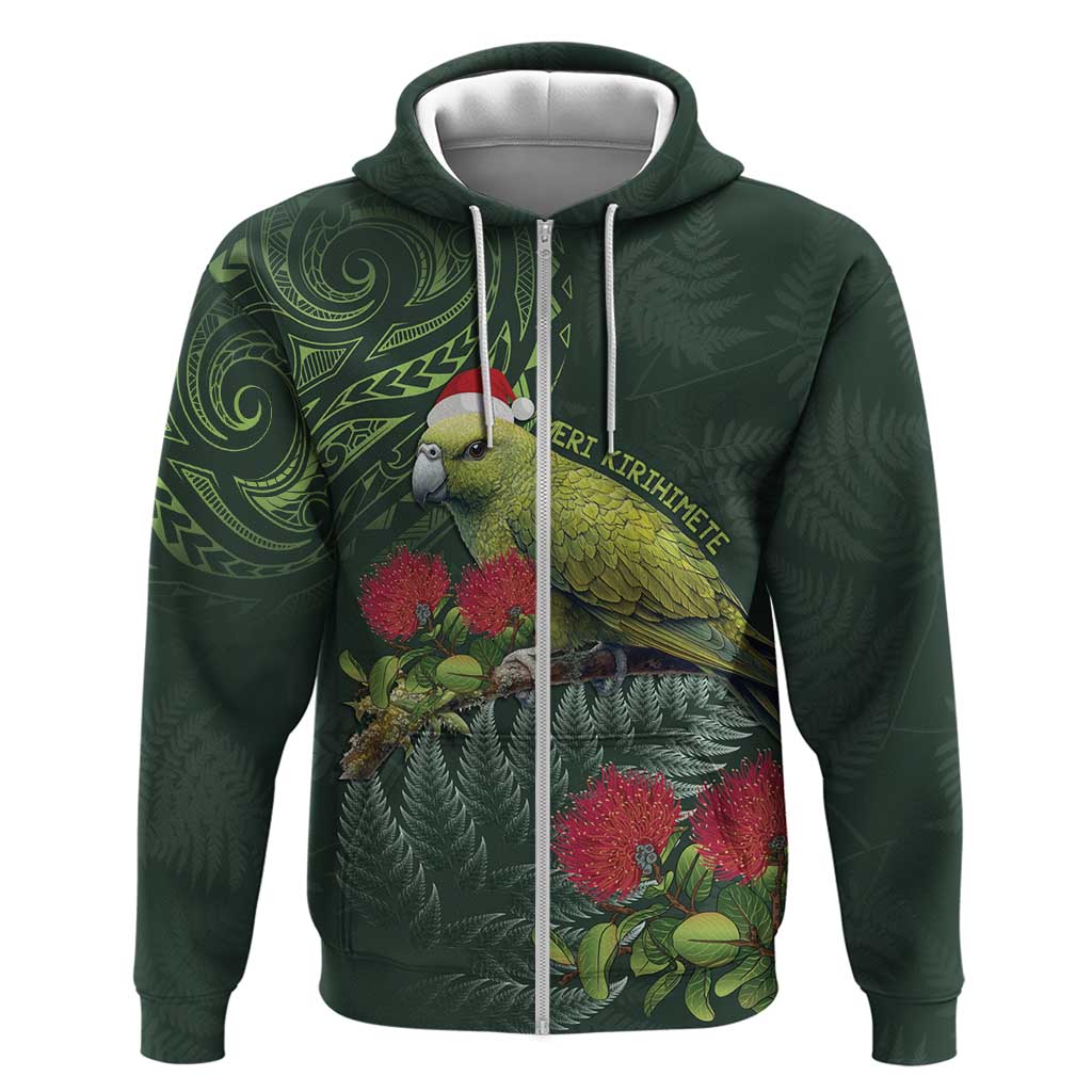 Meri Kirihimete Kakapo Zip Hoodie Green Silver Fern Christmas Vibe LT9 Zip Hoodie Green - Polynesian Pride