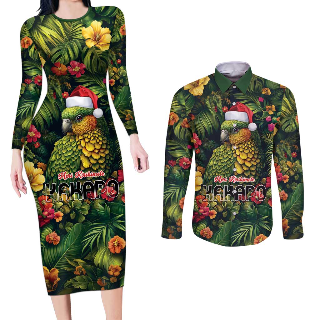 Meri Kirihimete Kakapo Couples Matching Long Sleeve Bodycon Dress and Long Sleeve Button Shirt New Zealand Christmas with Tropical Vibe LT9 Green - Polynesian Pride
