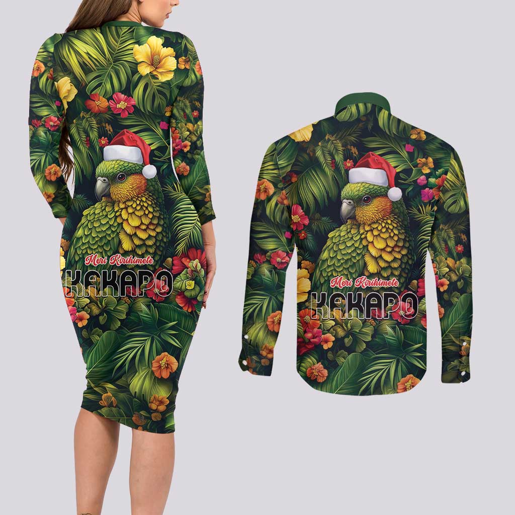 Meri Kirihimete Kakapo Couples Matching Long Sleeve Bodycon Dress and Long Sleeve Button Shirt New Zealand Christmas with Tropical Vibe LT9 - Polynesian Pride
