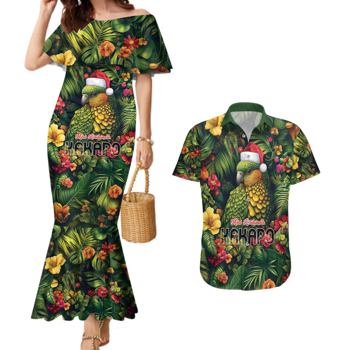Meri Kirihimete Kakapo Couples Matching Mermaid Dress and Hawaiian Shirt New Zealand Christmas with Tropical Vibe LT9 Green - Polynesian Pride