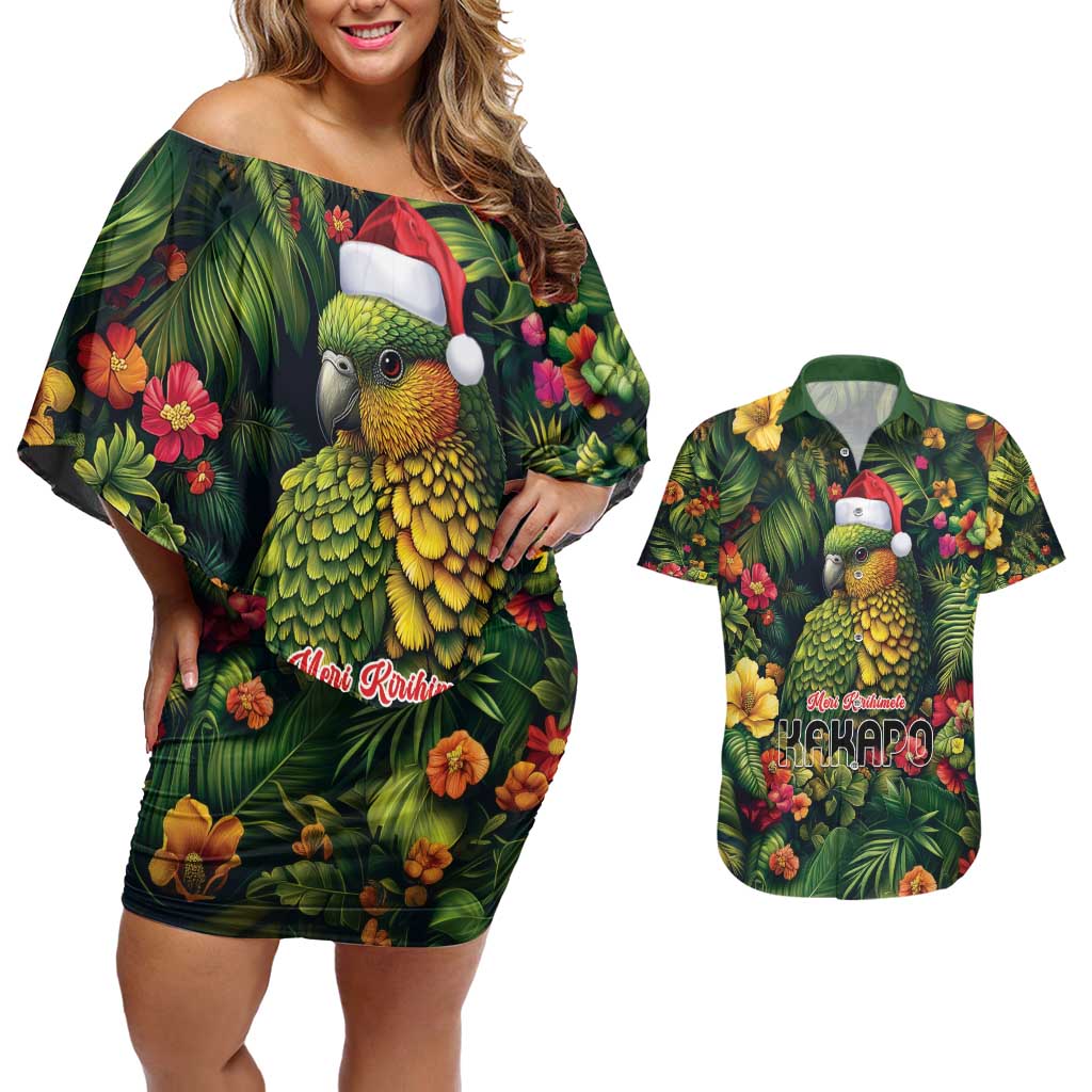 Meri Kirihimete Kakapo Couples Matching Off Shoulder Short Dress and Hawaiian Shirt New Zealand Christmas with Tropical Vibe LT9 Green - Polynesian Pride