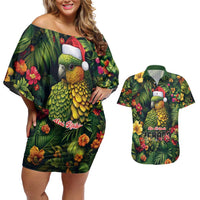 Meri Kirihimete Kakapo Couples Matching Off Shoulder Short Dress and Hawaiian Shirt New Zealand Christmas with Tropical Vibe LT9 Green - Polynesian Pride