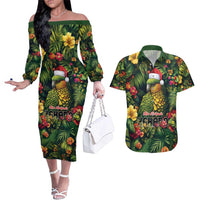 Meri Kirihimete Kakapo Couples Matching Off The Shoulder Long Sleeve Dress and Hawaiian Shirt New Zealand Christmas with Tropical Vibe LT9 Green - Polynesian Pride