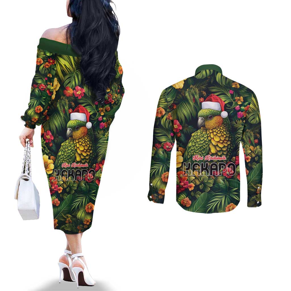 Meri Kirihimete Kakapo Couples Matching Off The Shoulder Long Sleeve Dress and Long Sleeve Button Shirt New Zealand Christmas with Tropical Vibe LT9 - Polynesian Pride