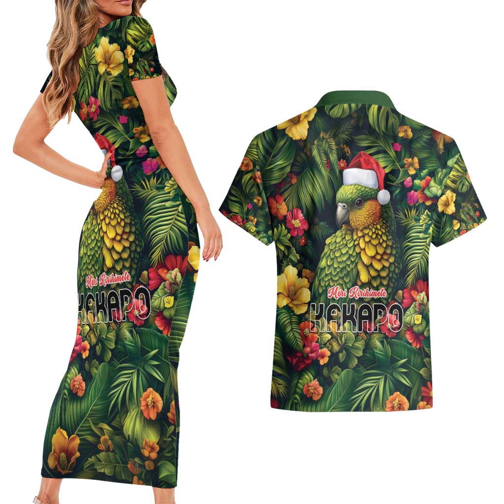 Meri Kirihimete Kakapo Couples Matching Short Sleeve Bodycon Dress and Hawaiian Shirt New Zealand Christmas with Tropical Vibe LT9 - Polynesian Pride