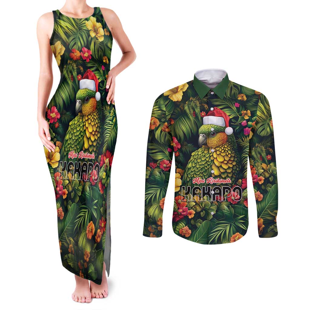 Meri Kirihimete Kakapo Couples Matching Tank Maxi Dress and Long Sleeve Button Shirt New Zealand Christmas with Tropical Vibe LT9 Green - Polynesian Pride