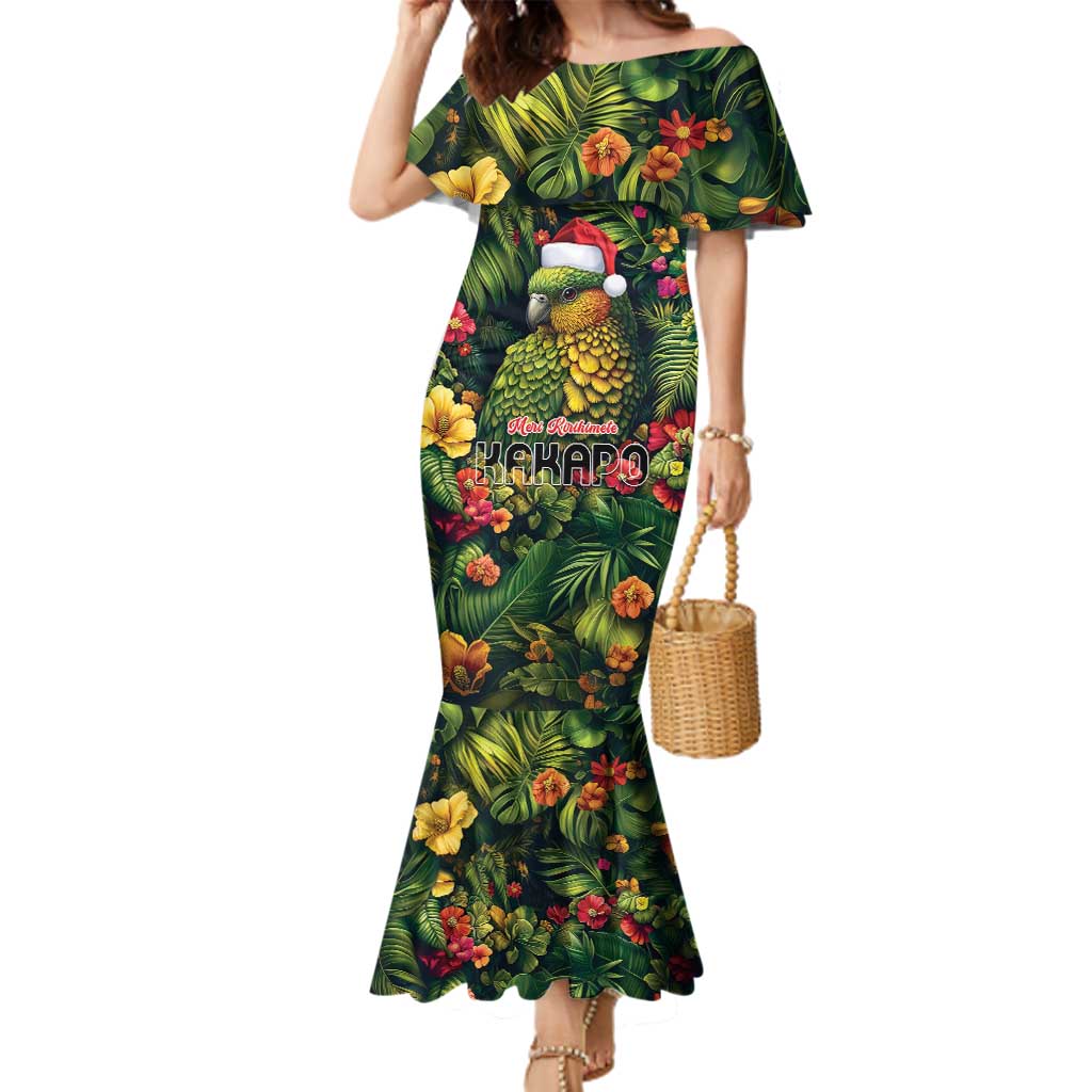 Meri Kirihimete Kakapo Family Matching Mermaid Dress and Hawaiian Shirt New Zealand Christmas with Tropical Vibe LT9 Mom's Dress Green - Polynesian Pride