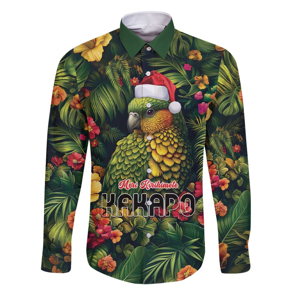 Meri Kirihimete Kakapo Family Matching Short Sleeve Bodycon Dress and Hawaiian Shirt New Zealand Christmas with Tropical Vibe LT9 Dad's Shirt - Long Sleeve Green - Polynesian Pride