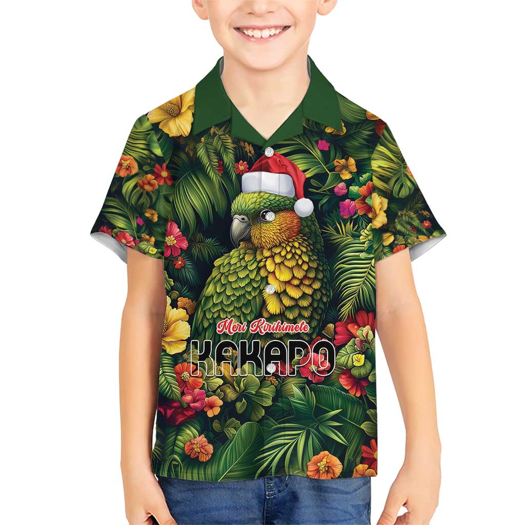 Meri Kirihimete Kakapo Family Matching Short Sleeve Bodycon Dress and Hawaiian Shirt New Zealand Christmas with Tropical Vibe LT9 Son's Shirt Green - Polynesian Pride