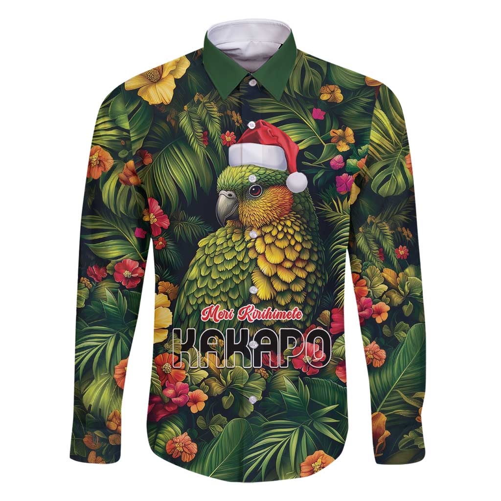 Meri Kirihimete Kakapo Family Matching Tank Maxi Dress and Hawaiian Shirt New Zealand Christmas with Tropical Vibe LT9 Dad's Shirt - Long Sleeve Green - Polynesian Pride