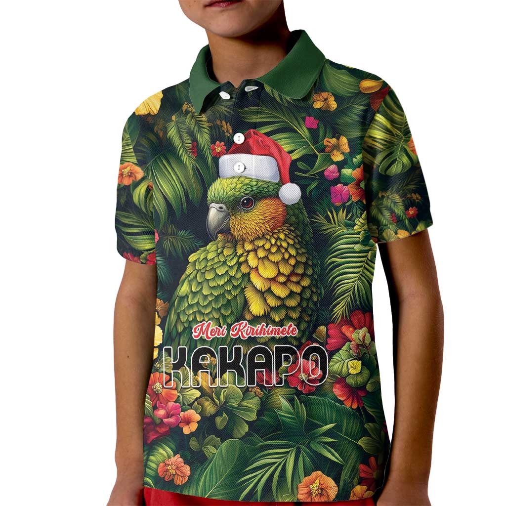 Meri Kirihimete Kakapo Kid Polo Shirt New Zealand Christmas with Tropical Vibe LT9 Kid Green - Polynesian Pride