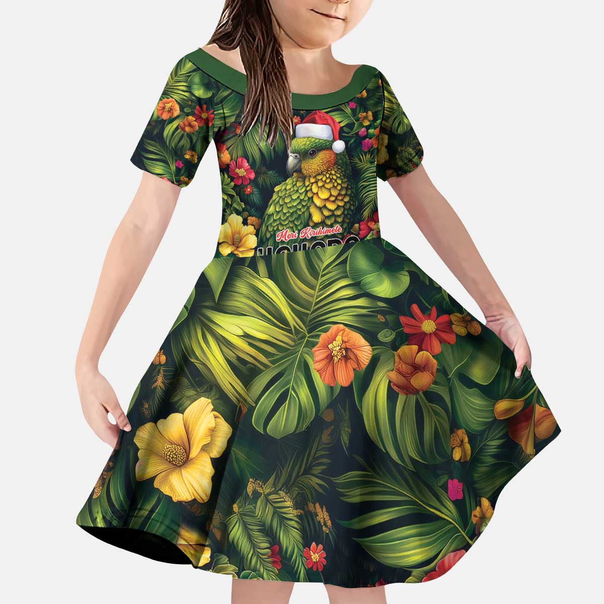 Meri Kirihimete Kakapo Kid Short Sleeve Dress New Zealand Christmas with Tropical Vibe LT9 KID Green - Polynesian Pride