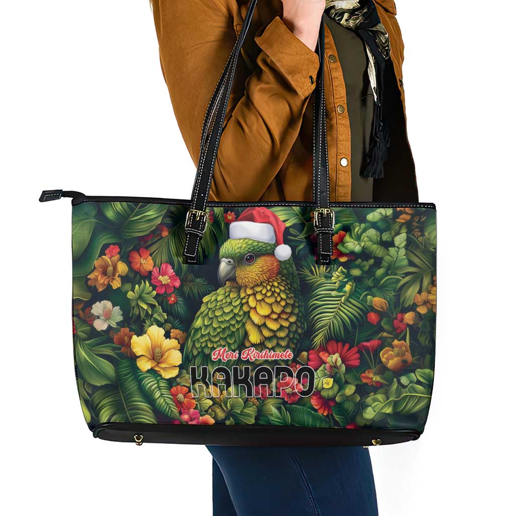 Meri Kirihimete Kakapo Leather Tote Bag New Zealand Christmas with Tropical Vibe LT9 - Polynesian Pride