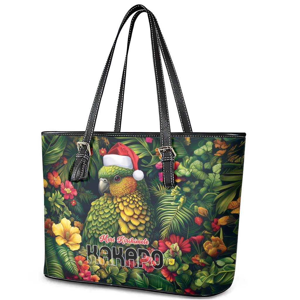 Meri Kirihimete Kakapo Leather Tote Bag New Zealand Christmas with Tropical Vibe LT9 - Polynesian Pride