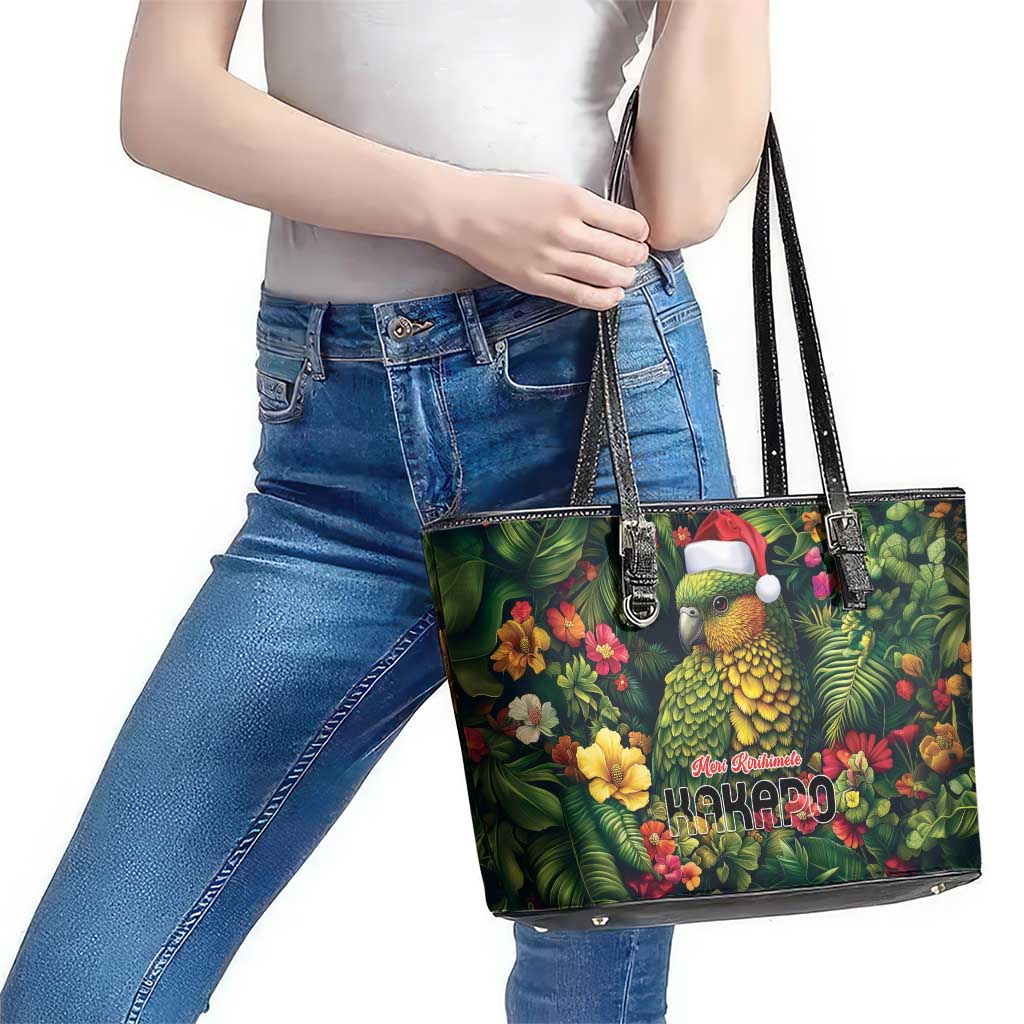 Meri Kirihimete Kakapo Leather Tote Bag New Zealand Christmas with Tropical Vibe LT9 - Polynesian Pride