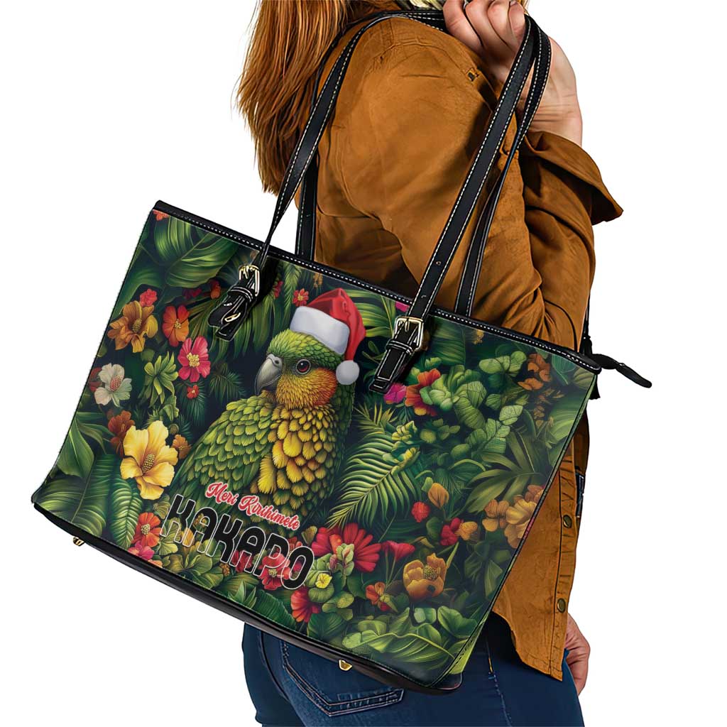 Meri Kirihimete Kakapo Leather Tote Bag New Zealand Christmas with Tropical Vibe LT9 - Polynesian Pride