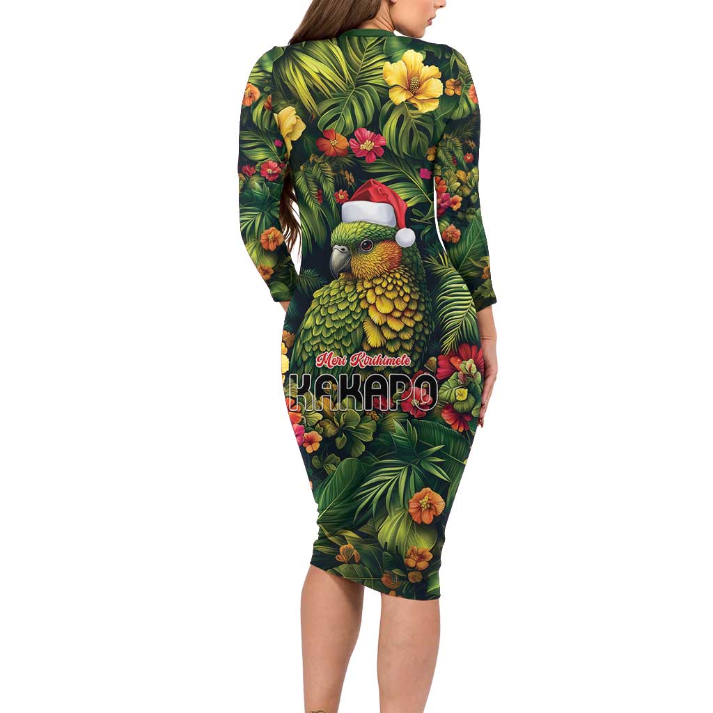 Meri Kirihimete Kakapo Long Sleeve Bodycon Dress New Zealand Christmas with Tropical Vibe LT9 - Polynesian Pride