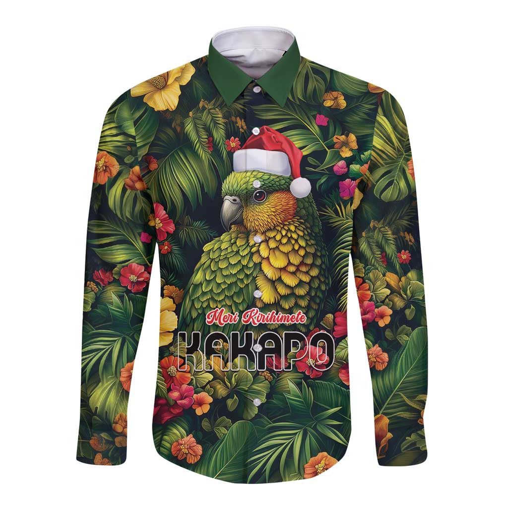 Meri Kirihimete Kakapo Long Sleeve Button Shirt New Zealand Christmas with Tropical Vibe LT9 Unisex Green - Polynesian Pride