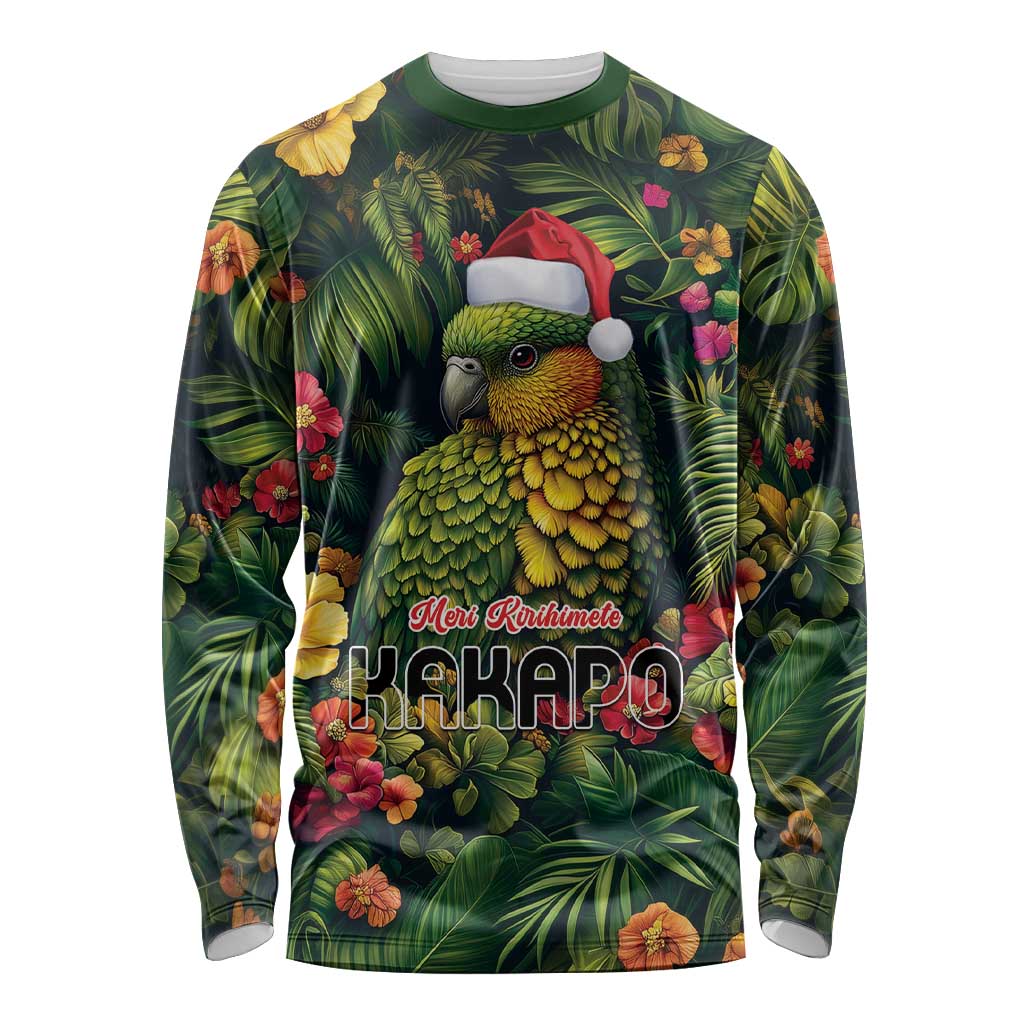 Meri Kirihimete Kakapo Long Sleeve Shirt New Zealand Christmas with Tropical Vibe LT9 Unisex Green - Polynesian Pride