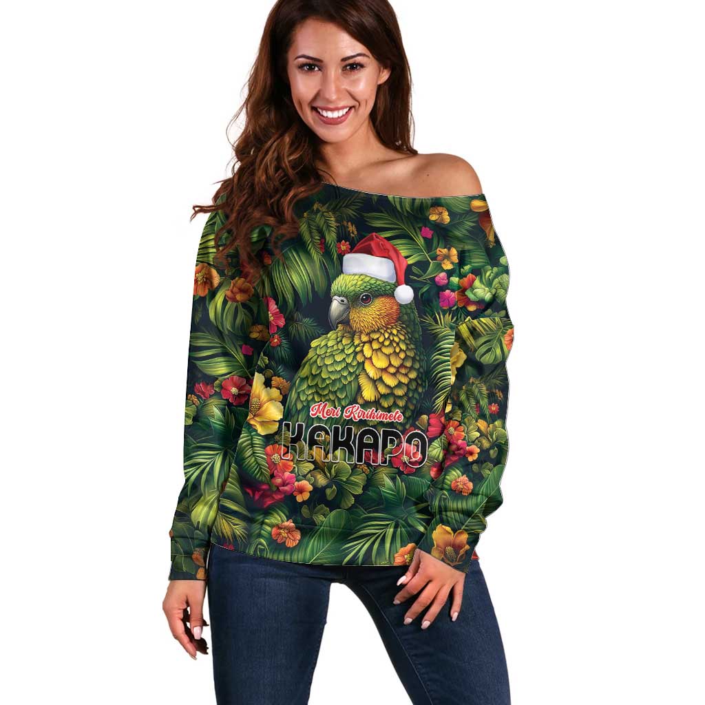 Meri Kirihimete Kakapo Off Shoulder Sweater New Zealand Christmas with Tropical Vibe LT9 Women Green - Polynesian Pride