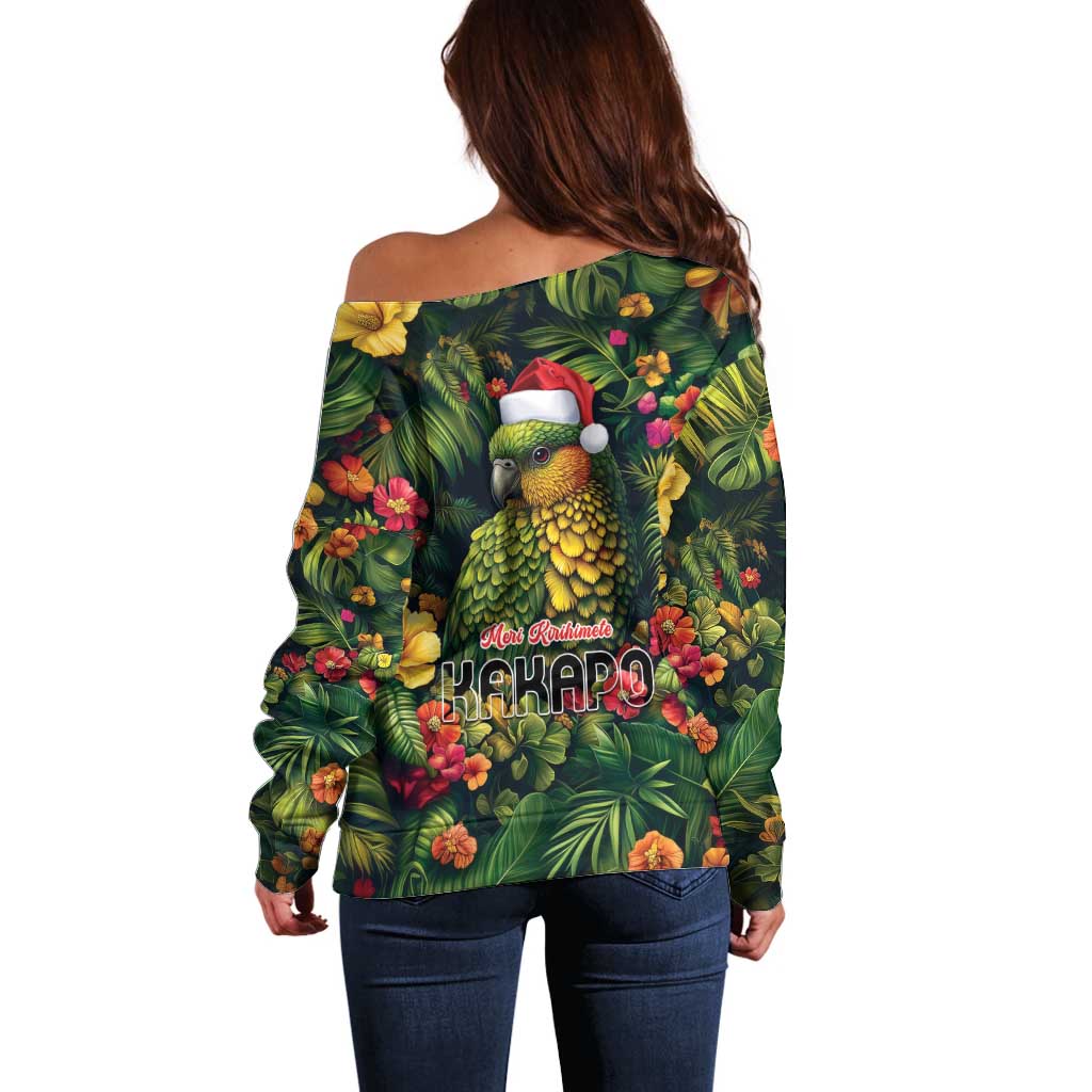 Meri Kirihimete Kakapo Off Shoulder Sweater New Zealand Christmas with Tropical Vibe LT9 - Polynesian Pride