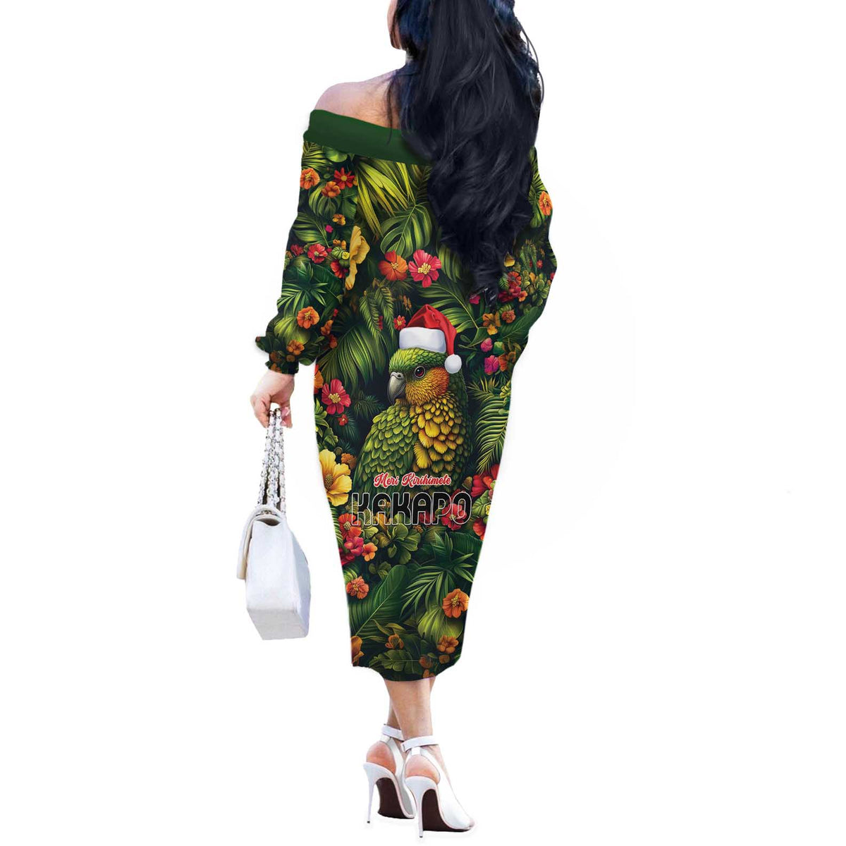 Meri Kirihimete Kakapo Off The Shoulder Long Sleeve Dress New Zealand Christmas with Tropical Vibe LT9 - Polynesian Pride