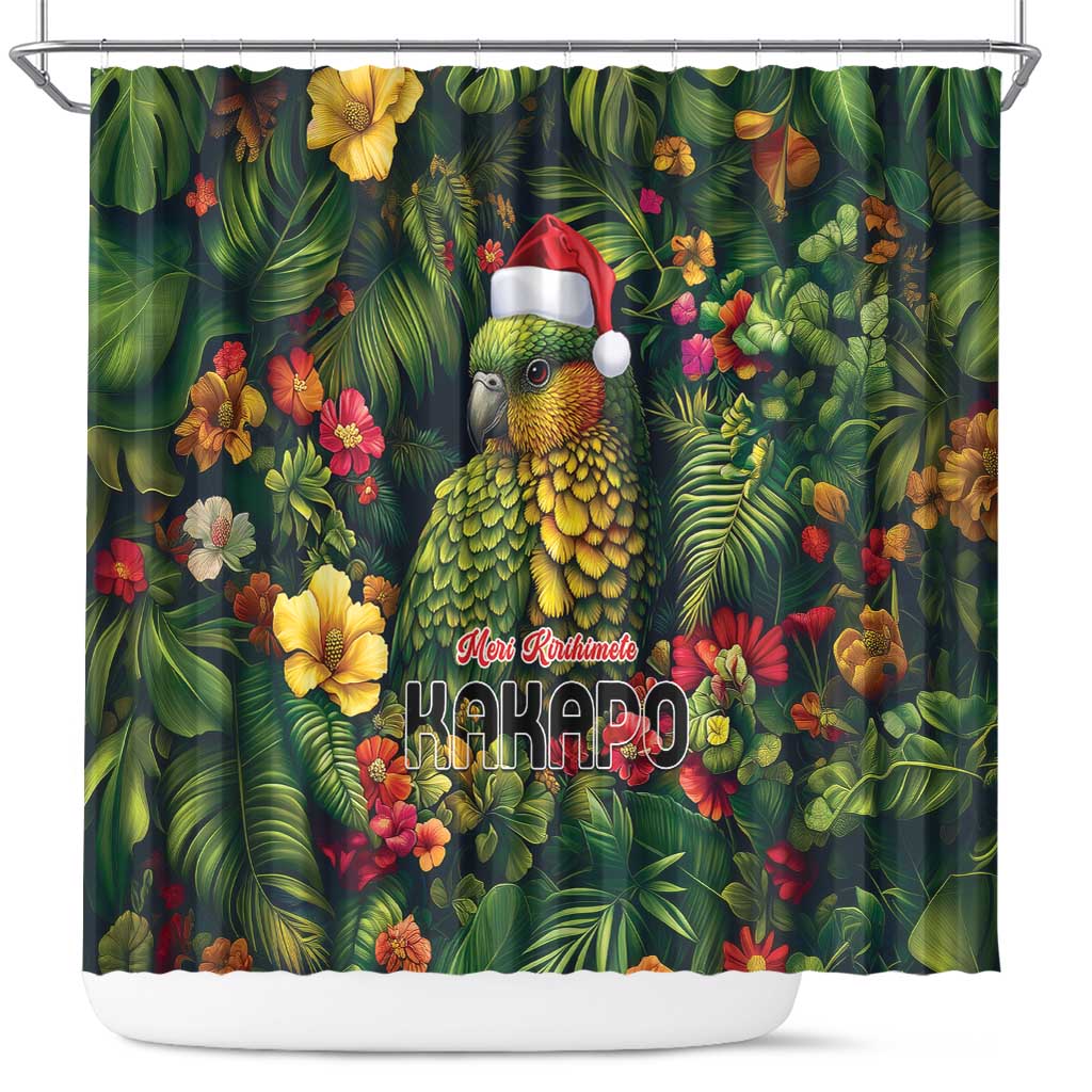Meri Kirihimete Kakapo Shower Curtain New Zealand Christmas with Tropical Vibe LT9 Green - Polynesian Pride