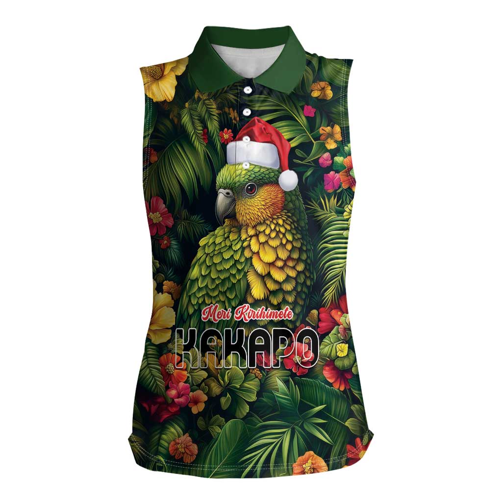 Meri Kirihimete Kakapo Women Sleeveless Polo Shirt New Zealand Christmas with Tropical Vibe LT9 Female Green - Polynesian Pride