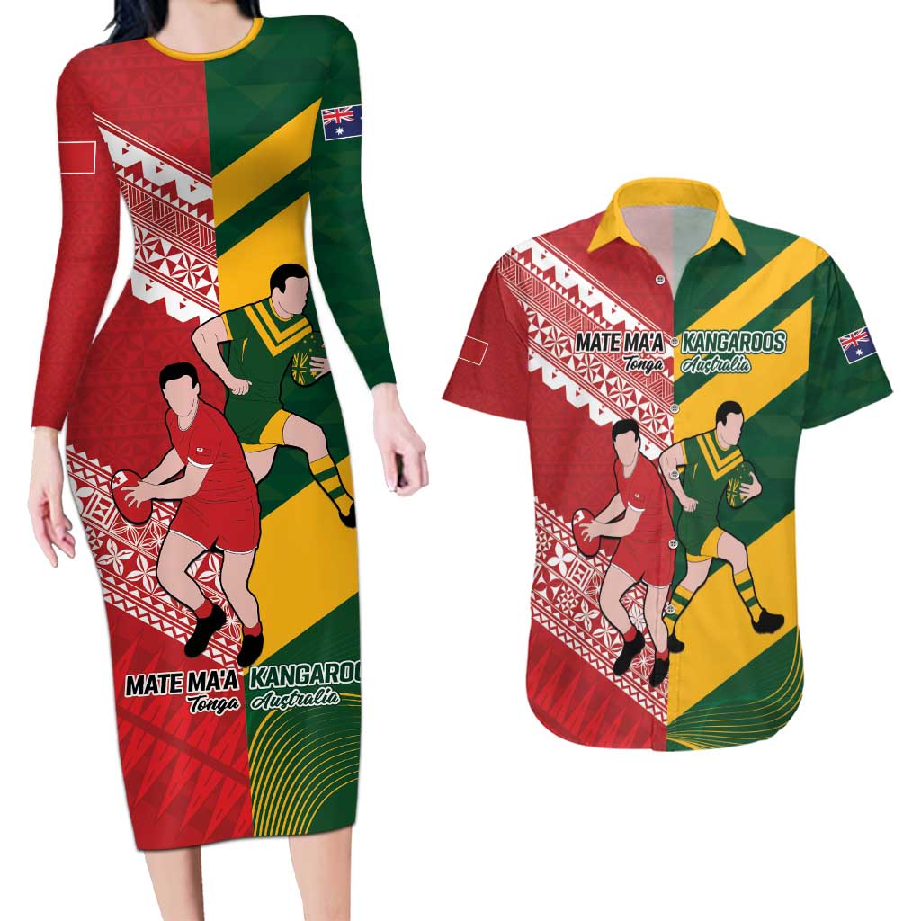 Australia-Tonga Rugby Pacific Custom Couples Matching Long Sleeve Bodycon Dress and Hawaiian Shirt The Kangaroos and Mate Ma'a Tonga LT9 Red-Green - Polynesian Pride