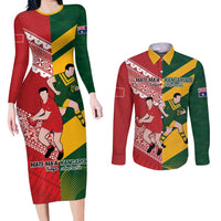 Australia-Tonga Rugby Pacific Custom Couples Matching Long Sleeve Bodycon Dress and Long Sleeve Button Shirt The Kangaroos and Mate Ma'a Tonga LT9 Red-Green - Polynesian Pride