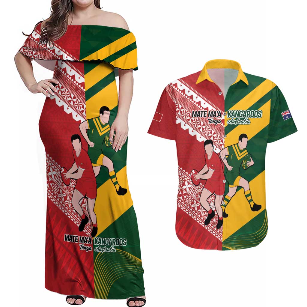 Australia-Tonga Rugby Pacific Custom Couples Matching Off Shoulder Maxi Dress and Hawaiian Shirt The Kangaroos and Mate Ma'a Tonga LT9 Red-Green - Polynesian Pride