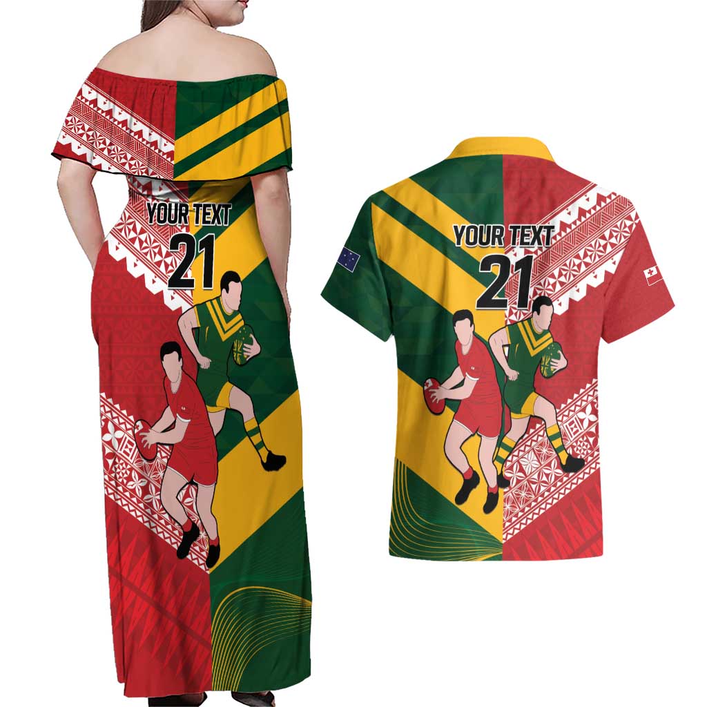 Australia-Tonga Rugby Pacific Custom Couples Matching Off Shoulder Maxi Dress and Hawaiian Shirt The Kangaroos and Mate Ma'a Tonga LT9 - Polynesian Pride