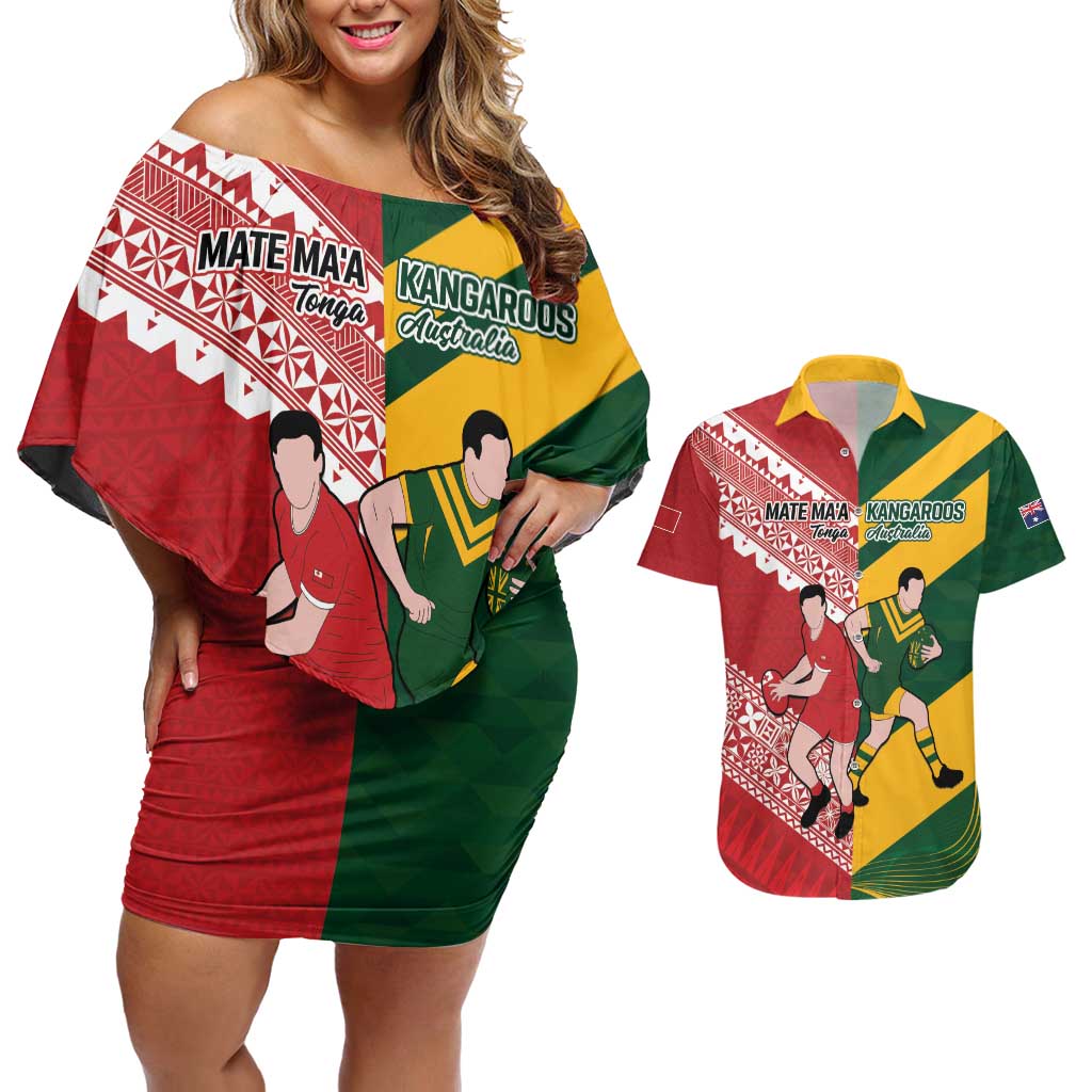 Australia-Tonga Rugby Pacific Custom Couples Matching Off Shoulder Short Dress and Hawaiian Shirt The Kangaroos and Mate Ma'a Tonga LT9 Red-Green - Polynesian Pride