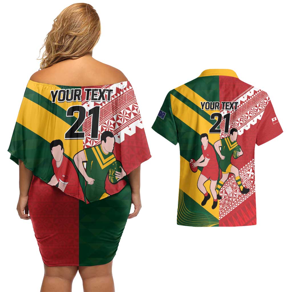 Australia-Tonga Rugby Pacific Custom Couples Matching Off Shoulder Short Dress and Hawaiian Shirt The Kangaroos and Mate Ma'a Tonga LT9 - Polynesian Pride