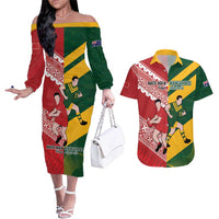 Australia-Tonga Rugby Pacific Custom Couples Matching Off The Shoulder Long Sleeve Dress and Hawaiian Shirt The Kangaroos and Mate Ma'a Tonga LT9 Red-Green - Polynesian Pride