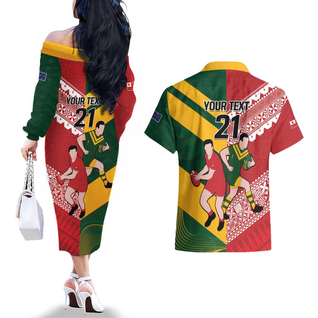 Australia-Tonga Rugby Pacific Custom Couples Matching Off The Shoulder Long Sleeve Dress and Hawaiian Shirt The Kangaroos and Mate Ma'a Tonga LT9 - Polynesian Pride