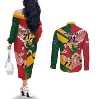Australia-Tonga Rugby Pacific Custom Couples Matching Off The Shoulder Long Sleeve Dress and Long Sleeve Button Shirt The Kangaroos and Mate Ma'a Tonga LT9 - Polynesian Pride